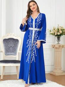 SISKAKIA Embroidered Abaya Kaftan Muslim Dress, Dubai Turkey Style V-Neck Ankle-Length Lace Tape Long Sleeve Belt Modest Moroccan Kaftan For Ramadan