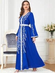 SISKAKIA Embroidered Abaya Kaftan Muslim Dress, Dubai Turkey Style V-Neck Ankle-Length Lace Tape Long Sleeve Belt Modest Moroccan Kaftan For Ramadan