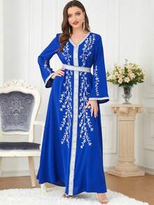 SISKAKIA Embroidered Abaya Kaftan Muslim Dress, Dubai Turkey Style V-Neck Ankle-Length Lace Tape Long Sleeve Belt Modest Moroccan Kaftan For Ramadan