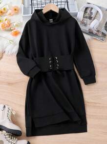 SHEIN Cô gái Tween Lace lên phía trước Viền chia cắt Đàm áo cánh có mũ - màu đen - Xem 1