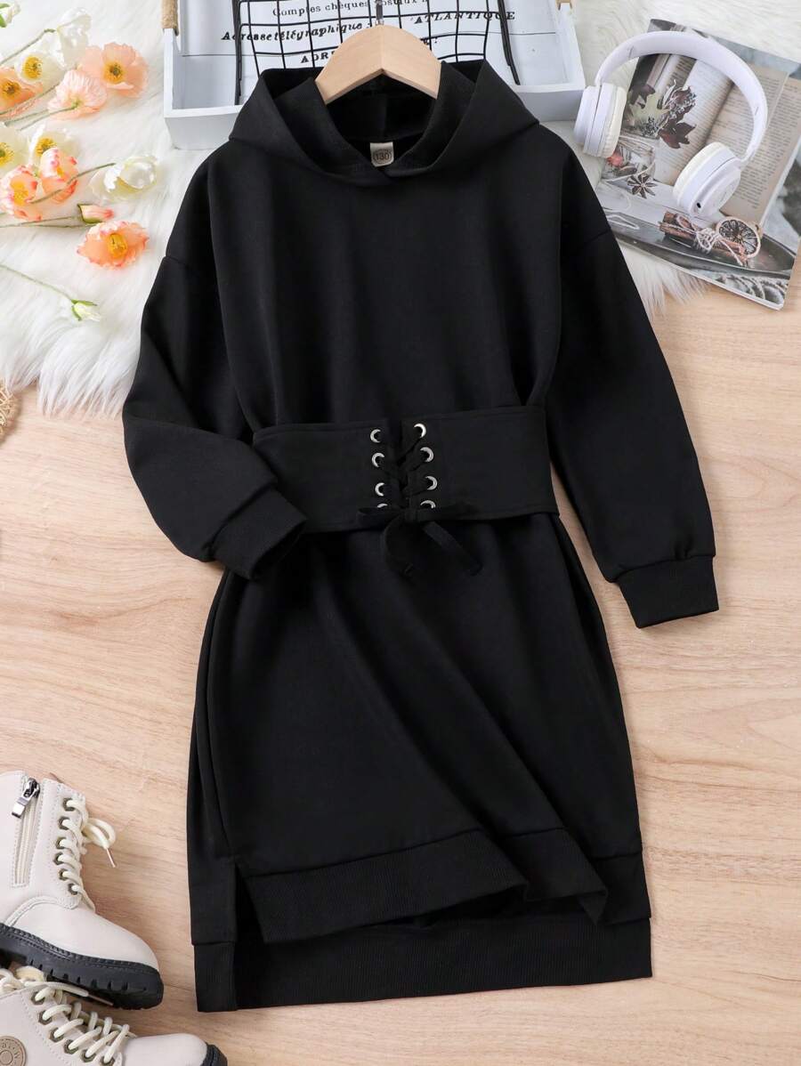 SHEIN Cô gái Tween Lace lên phía trước Viền chia cắt Đàm áo cánh có mũ - màu đen - Xem 1