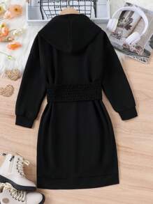 SHEIN Cô gái Tween Lace lên phía trước Viền chia cắt Đàm áo cánh có mũ - màu đen - Xem 2