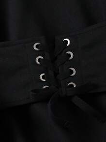 SHEIN Cô gái Tween Lace lên phía trước Viền chia cắt Đàm áo cánh có mũ - màu đen - Xem 4