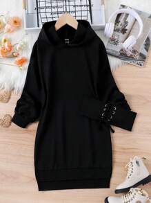 SHEIN Cô gái Tween Lace lên phía trước Viền chia cắt Đàm áo cánh có mũ - màu đen - Xem 5