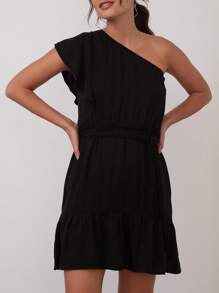 SHE(IN) BRASIL 單肩荷葉邊繫腰帶洋裝 - 黑色 - 查看 1