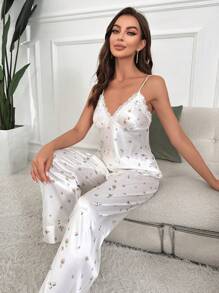印花蕾絲邊緞面吊帶上衣和褲子睡衣套裝 - 白色 - 查看 4
