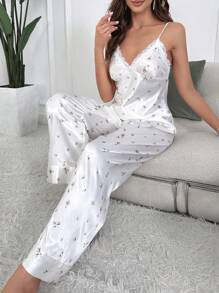 印花蕾絲邊緞面吊帶上衣和褲子睡衣套裝 - 白色 - 查看 6