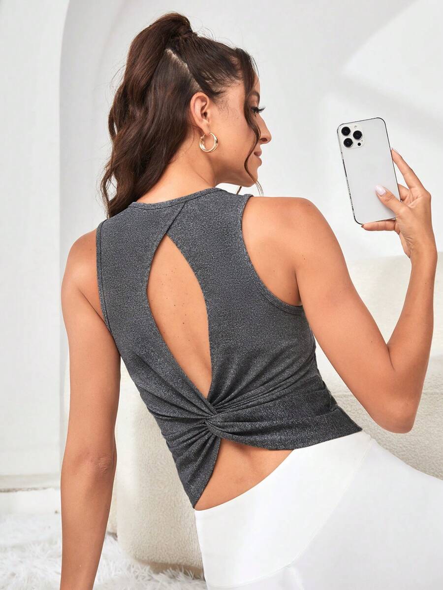 Easithlete 鏤空後扭結運動背心 - 淺灰色 - 查看 1