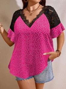 Calvaya Bluse mit Punkt Muster, Kontrast Spitzen, augestellten Ärmeln,