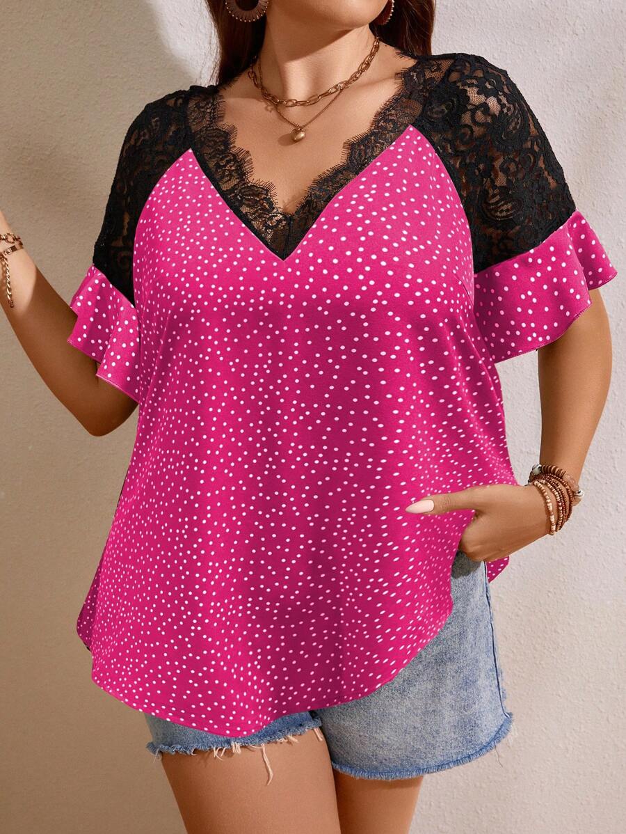 Calvaya Bluse mit Punkt Muster, Kontrast Spitzen, augestellten Ärmeln,