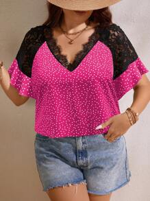 Calvaya Bluse mit Punkt Muster, Kontrast Spitzen, augestellten Ärmeln,