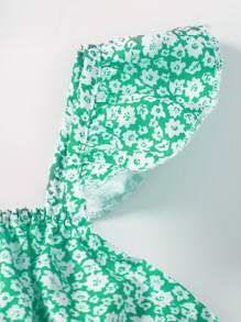 SHEIN Young Girl Ditsy Floral Print Ruffle Trim Cami Top & Paperbag Waist Skirt Summer Holiday - Green - View 4