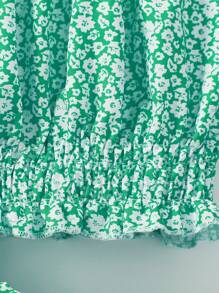 SHEIN Young Girl Ditsy Floral Print Ruffle Trim Cami Top & Paperbag Waist Skirt Summer Holiday - Green - View 5