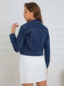 SHEIN Essnce Flap Pocket Button Front Crop Denim Jacket - Dark Wash - View 3
