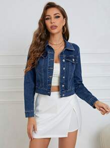 SHEIN Essnce Flap Pocket Button Front Crop Denim Jacket - Dark Wash - View 1