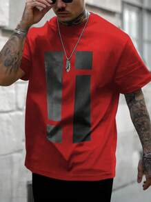 Manfinity Homme Camiseta casual de cuello redondo y manga corta con estampado para hombres, para uso diario
