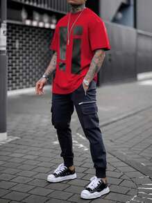 Manfinity Homme Camiseta casual de cuello redondo y manga corta con estampado para hombres, para uso diario
