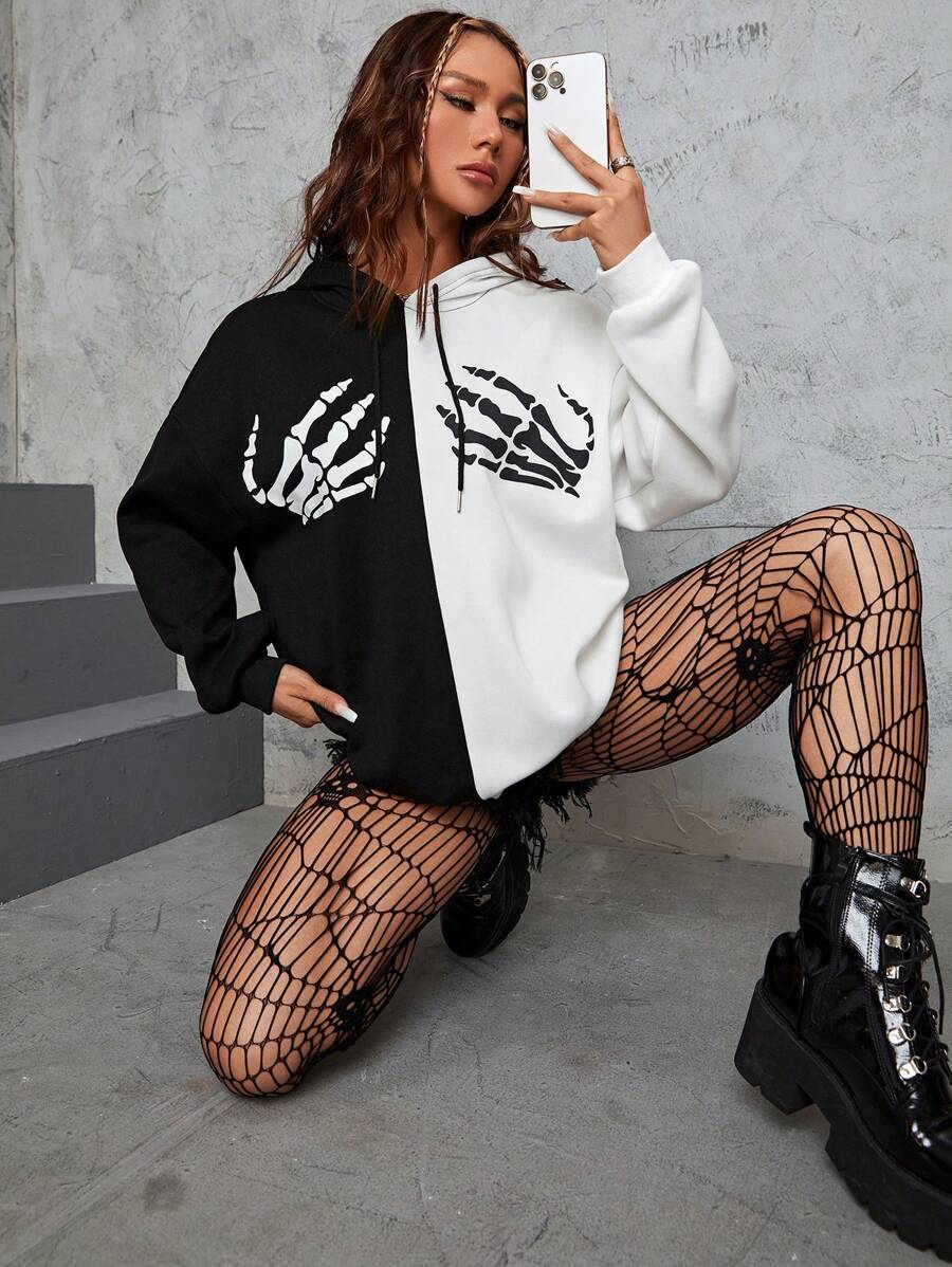 INAWLY Halloween Skeleton Hand Print Two Tone Drop Shoulder Drawstring Hoodie - Black and White - View 1