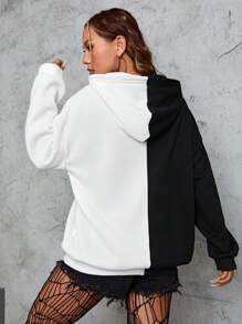 INAWLY Halloween Skeleton Hand Print Two Tone Drop Shoulder Drawstring Hoodie - Black and White - View 2