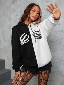 INAWLY Halloween Skeleton Hand Print Two Tone Drop Shoulder Drawstring Hoodie - Black and White - View 4