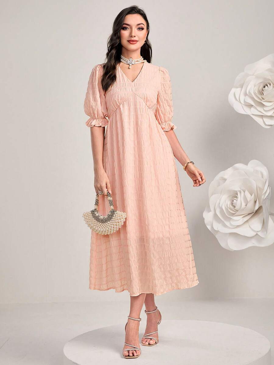 Modelyn Chất rắn Ống tay áo Váy chữ A - Màu Hồng baby - Xem 1