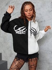 INAWLY Halloween Skeleton Hand Print Two Tone Drop Shoulder Drawstring Hoodie - Black and White - View 5