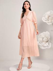 Modelyn Chất rắn Ống tay áo Váy chữ A - Màu Hồng baby - Xem 3