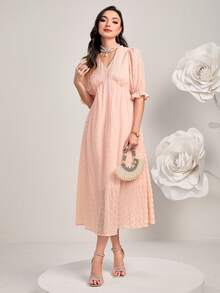 Modelyn Chất rắn Ống tay áo Váy chữ A - Màu Hồng baby - Xem 4