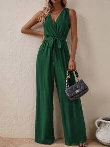 EMERY ROSE Crossover V-Neck With Belt Olive Green Women's Jumpsuit