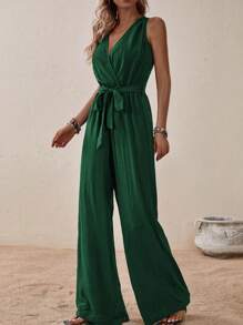 EMERY ROSE Crossover V-Neck With Belt Olive Green Women's Jumpsuit