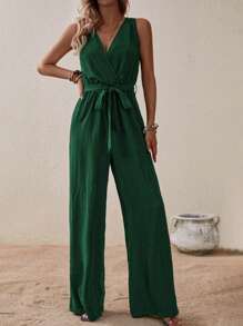 EMERY ROSE Crossover V-Neck With Belt Olive Green Women's Jumpsuit
