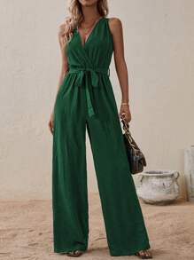 EMERY ROSE Crossover V-Neck With Belt Olive Green Women's Jumpsuit
