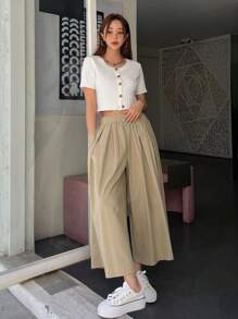 DAZY Solid Slant Pocket Wide Leg Trousers - Khaki - View 8