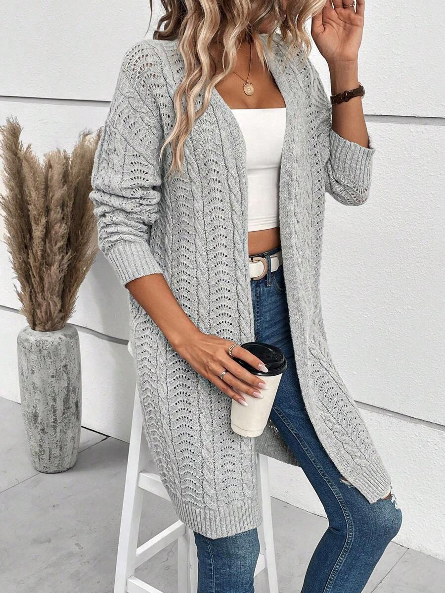 SHEIN LUNE Cable Knit Drop Shoulder Cardigan - Light Grey - View 1