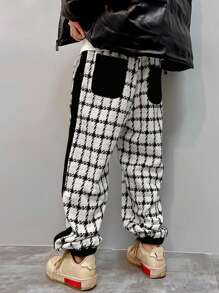 Manfinity EMRG 寬鬆款男士格紋印花褲,帶對比側縫和束口腰帶 - 黑與白 - 查看 2