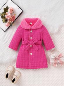 Baby Girl Button Up Contrast Teddy Peter Pan Collar Coat - Hot Pink - View 1