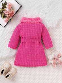 Baby Girl Button Up Contrast Teddy Peter Pan Collar Coat - Hot Pink - View 2