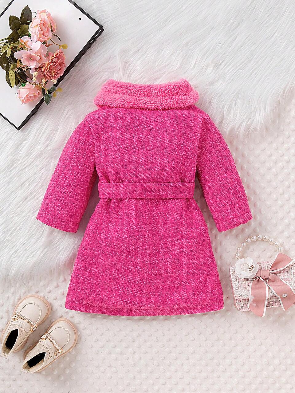 Baby Girl Button Up Contrast Teddy Peter Pan Collar Coat