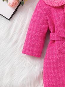 Baby Girl Button Up Contrast Teddy Peter Pan Collar Coat - Hot Pink - View 4