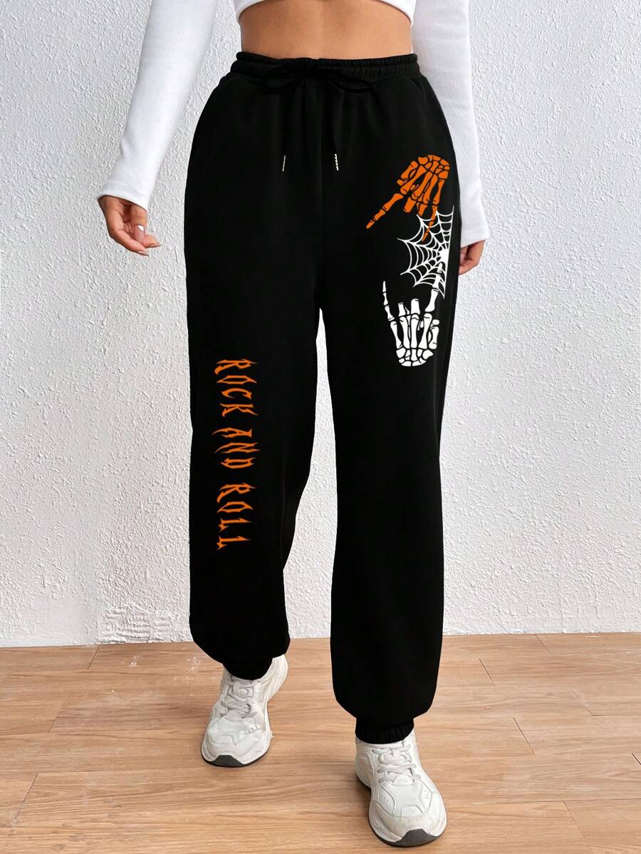 INAWLY Halloween Skeleton Hand & Letter Graphic Drawstring Waist Sweatpants - Black - View 1