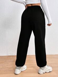 INAWLY Halloween Skeleton Hand & Letter Graphic Drawstring Waist Sweatpants - Black - View 3