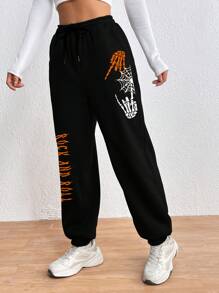 INAWLY Halloween Skeleton Hand & Letter Graphic Drawstring Waist Sweatpants - Black - View 4