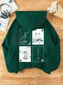 SHEIN EZwear 蘑菇花卉印花抽绳保暖连帽衫，适合毕业季、返校季、教师节等场合，女士款，秋季返校套头衫 - 墨綠色 - 查看 1