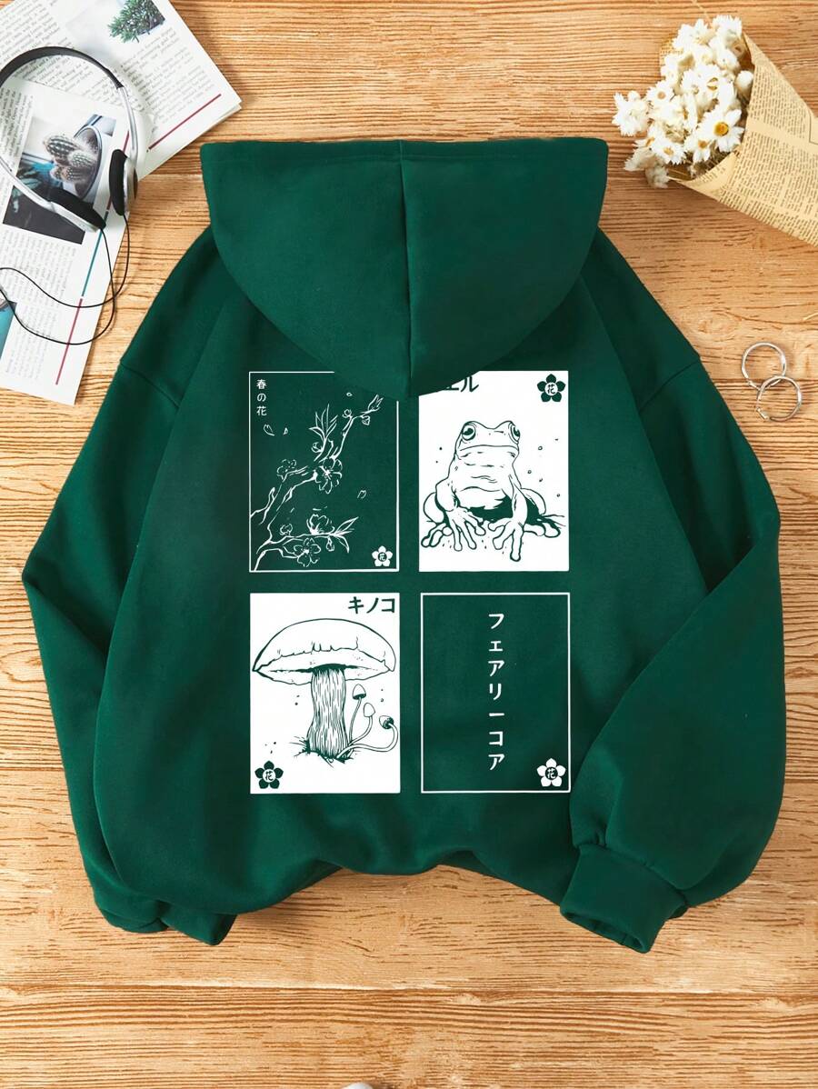 SHEIN EZwear 蘑菇花卉印花抽绳保暖连帽衫，适合毕业季、返校季、教师节等场合，女士款，秋季返校套头衫 - 墨綠色 - 查看 1