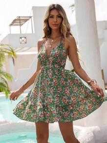 SHEIN VCAY Vestido con estampado floral de espalda abierta con cordón de cuello halter bajo con fruncido - Verde - Ver 3