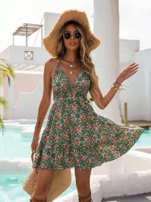 SHEIN VCAY Vestido con estampado floral de espalda abierta con cordón de cuello halter bajo con fruncido - Verde - Ver 4