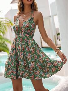 SHEIN VCAY Vestido con estampado floral de espalda abierta con cordón de cuello halter bajo con fruncido - Verde - Ver 5