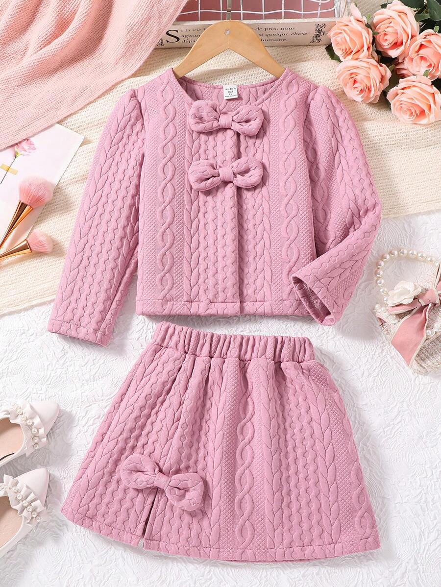 SHEIN Young Girl Bow Front Jacket & Split Hem Skirt - Dusty Pink - View 1