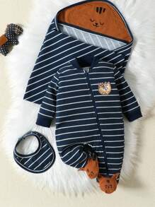 SHEIN Baby Boy Striped & Cartoon Graphic Footed PJ Jumpsuit - Navy Blue - View 1