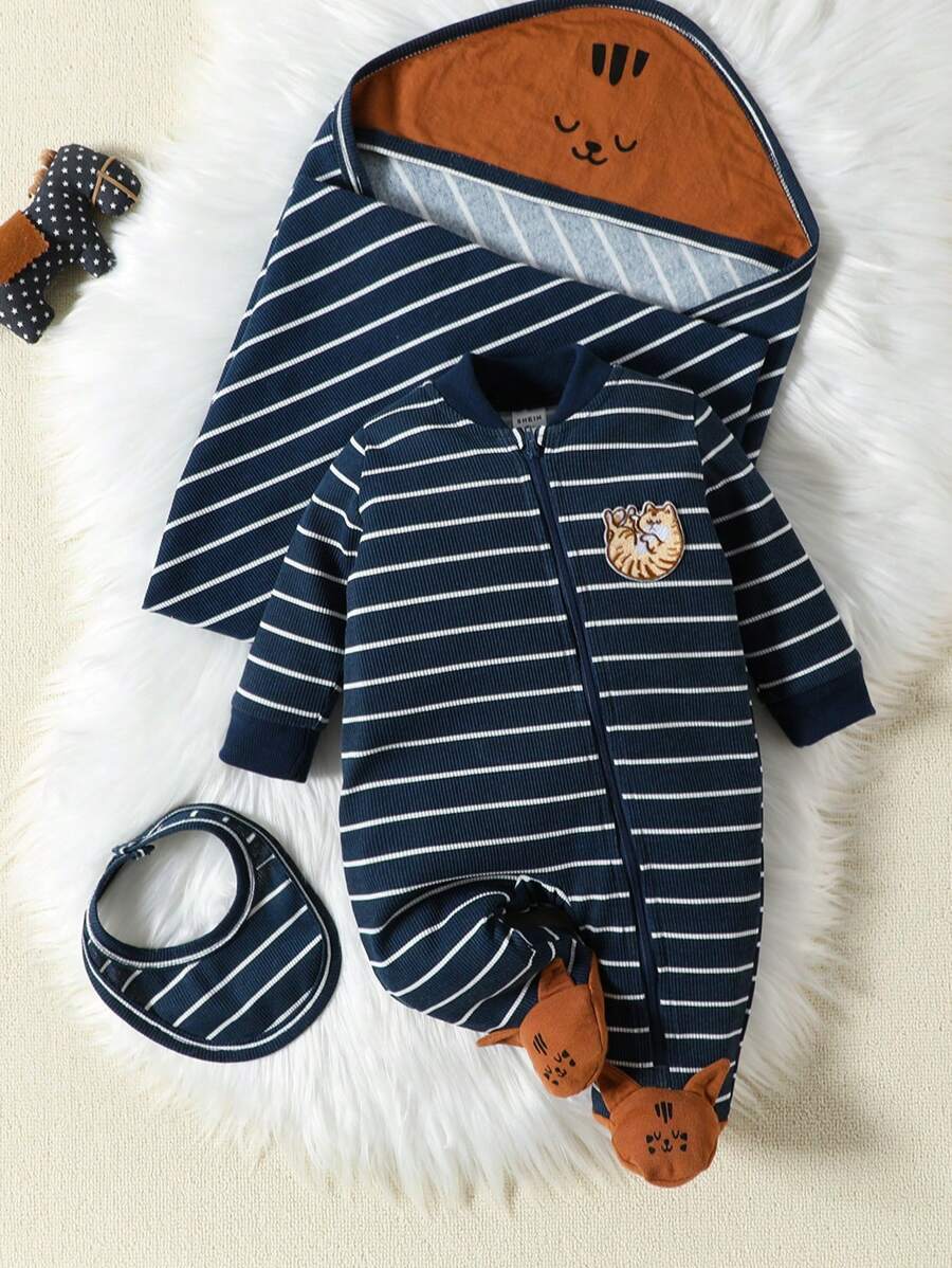 SHEIN Baby Boy Striped & Cartoon Graphic Footed PJ Jumpsuit - Navy Blue - View 1